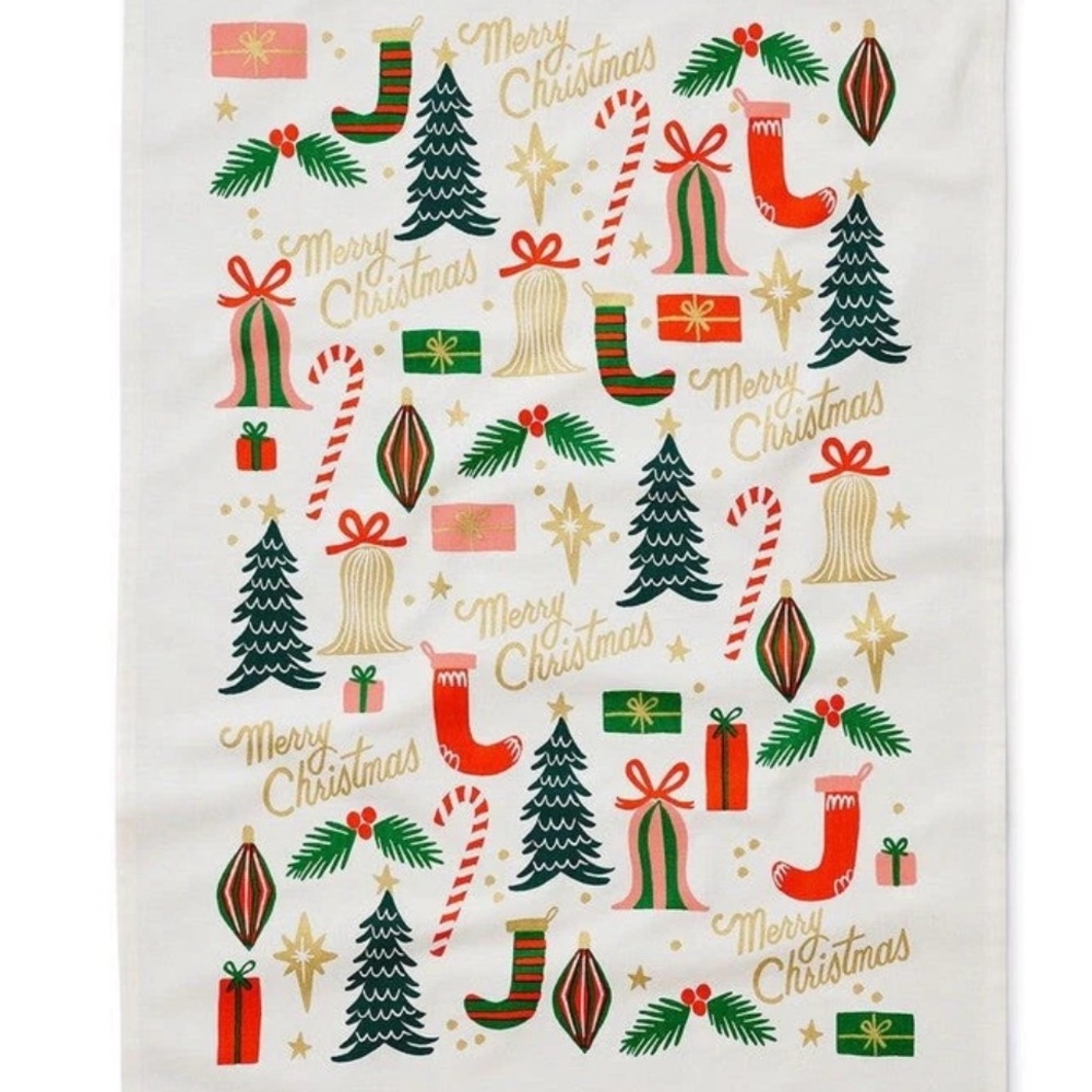 Rifle Paper Co. DECK THE HALLS Christmas Tea Towel - Green, Red, Gold - Picture 3 of 3